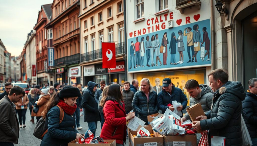 A bustling street in a Polish city, with a diverse array of local charitable organizations. In the foreground, a group of volunteers sorting and packing donations, their faces filled with purpose. In the middle ground, passersby stop to inquire about the organizations' missions, their expressions conveying a sense of community engagement. In the background, the facades of historic buildings and a vibrant mural depicting acts of kindness set the scene. Warm, diffused lighting casts a hopeful glow, while a wide-angle lens captures the energy and interconnectedness of these grassroots initiatives. The overall atmosphere exudes a spirit of compassion, unity, and a deep-rooted tradition of local charitable efforts.