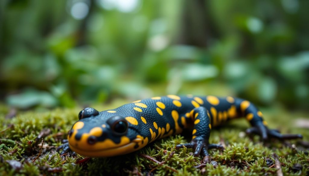 A close-up, high-resolution, macro photograph of a Spotted Salamander (Salamandra salamandra), also known as the Fire Salamander, resting on a mossy, damp forest floor. The salamander's distinctive black and yellow spotted pattern is in sharp focus, highlighting the intricate texture of its skin. Soft, diffused natural lighting from above accentuates the salamander's vibrant colors and casts subtle shadows, creating a sense of depth and dimensionality. The background is blurred, featuring a lush, green, out-of-focus undergrowth, conveying a sense of the salamander's natural woodland habitat. The overall composition and lighting aim to showcase the beauty and unique characteristics of this remarkable amphibian species.
