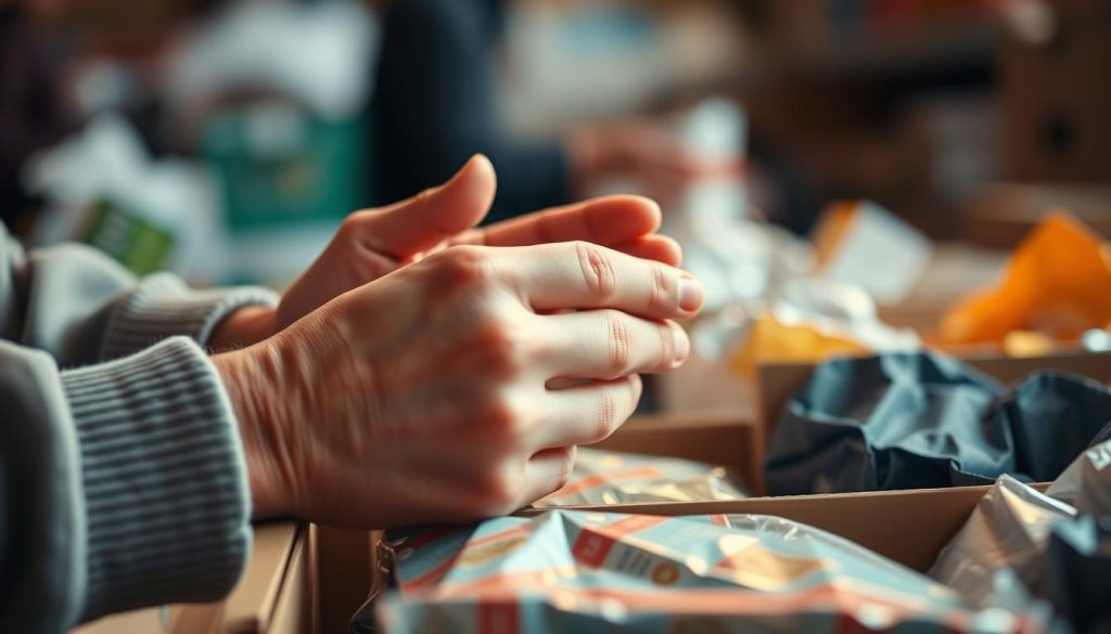 A close-up of a person's hands actively engaged in a charitable activity, such as sorting and packing donated goods or assembling care packages. The hands should convey a sense of purpose, care, and commitment. The background should be softly blurred, suggesting a busy but organized workspace. Warm, diffused lighting illuminates the hands, creating a sense of focus and dedication. The overall mood should be one of meaningful involvement, showcasing how individuals can contribute to helping others throughout the year, not just on special occasions.