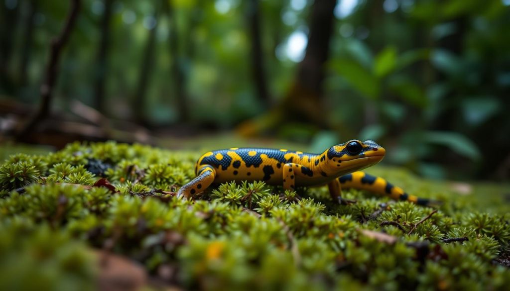 A close-up photograph of a spotted salamander (Salamandra salamandra), also known as the fire salamander, resting on a mossy, damp forest floor. The salamander's vibrant yellow and black mottled skin glistens under soft, diffused natural lighting filtering through the lush, verdant foliage in the background. The camera's shallow depth of field isolates the amphibian's distinct features, including its rounded head, bulging eyes, and slender, elongated body. The overall composition evokes a sense of tranquility and the quiet wonder of the salamander's natural habitat.