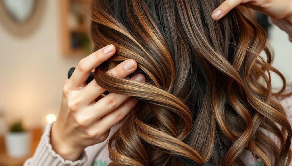 A close-up shot of a woman's hands styling her healthy, luscious hair with various hair care products and tools. The scene is set in a cozy, well-lit home environment, with a soft, diffused lighting highlighting the natural texture and shine of the hair. The background features minimal, neutral-toned decor, allowing the focus to remain on the intricate hair styling techniques. The overall mood is one of serene, at-home self-care and styling expertise. A close-up shot of a woman's hands styling her healthy, luscious hair with various hair care products and tools. The scene is set in a cozy, well-lit home environment, with a soft, diffused lighting highlighting the natural texture and shine of the hair. The background features minimal, neutral-toned decor, allowing the focus to remain on the intricate hair styling techniques. The overall mood is one of serene, at-home self-care and styling expertise.