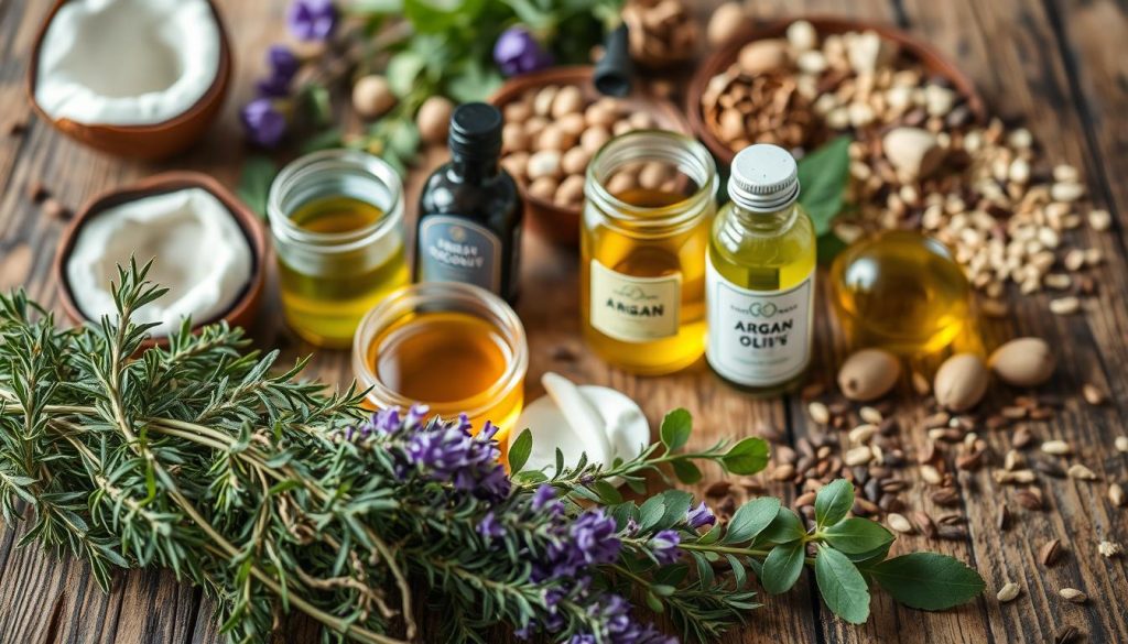 A close-up shot of various natural hair care ingredients arranged artfully on a rustic wooden surface. In the foreground, a selection of fresh herbs, such as rosemary, thyme, and lavender, their vibrant greens and delicate purple hues contrasting with the warm, textured wood. In the middle ground, glass jars filled with nourishing oils like coconut, argan, and olive, their labels clearly visible. The background features a scattering of dried flowers, seeds, and other natural elements, creating a visually appealing and harmonious composition. The lighting is soft and diffused, highlighting the natural beauty and wellness-focused theme. The overall mood is calming, earthy, and inviting, reflecting the simplicity and effectiveness of these natural hair care solutions. A close-up shot of various natural hair care ingredients arranged artfully on a rustic wooden surface. In the foreground, a selection of fresh herbs, such as rosemary, thyme, and lavender, their vibrant greens and delicate purple hues contrasting with the warm, textured wood. In the middle ground, glass jars filled with nourishing oils like coconut, argan, and olive, their labels clearly visible. The background features a scattering of dried flowers, seeds, and other natural elements, creating a visually appealing and harmonious composition. The lighting is soft and diffused, highlighting the natural beauty and wellness-focused theme. The overall mood is calming, earthy, and inviting, reflecting the simplicity and effectiveness of these natural hair care solutions.