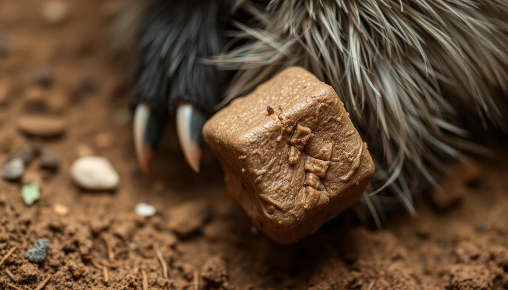 A close-up view of a wombat's feces, showcased against a natural, earthy backdrop. The excrement is depicted in vivid detail, with its distinctive cube-like shape and textured surface visible. Soft, diffused lighting illuminates the scene, casting gentle shadows and highlighting the intricate patterns on the scat. The overall mood is one of scientific curiosity and appreciation for the unique characteristics of this marsupial's digestive system. The image is framed to emphasize the wombat's feces as the central focus, with a minimalist, uncluttered composition that allows the viewer to examine the subject without distractions.