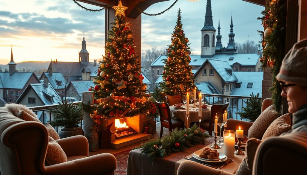 A cozy European Christmas scene, captured in a warm, soft-focus lens. In the foreground, a crackling fireplace surrounded by plush armchairs and a twinkling tree adorned with handmade ornaments. The middle ground features a dining table set with candles, evergreen garlands, and a sumptuous feast. In the background, snow-dusted rooftops and church spires under a glowing, golden-hour sky. The atmosphere is one of timeless tradition, family togetherness, and the comforting glow of the holiday season.