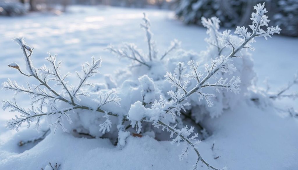A crystalline winter landscape, with delicate frost formations adorning the surfaces. In the foreground, intricate patterns of szron (hoar frost) cling to branches and leaves, showcasing the diverse structures and textures of this natural phenomenon. The middle ground features a variety of szron types, from the feathery, lace-like formations to the dense, granular accumulations. In the background, a serene, snow-covered scene sets the stage, illuminated by a soft, diffused light that casts subtle shadows and highlights the dimensional qualities of the szron. The overall atmosphere conveys the beauty and scientific wonder of this atmospheric ice deposition process.