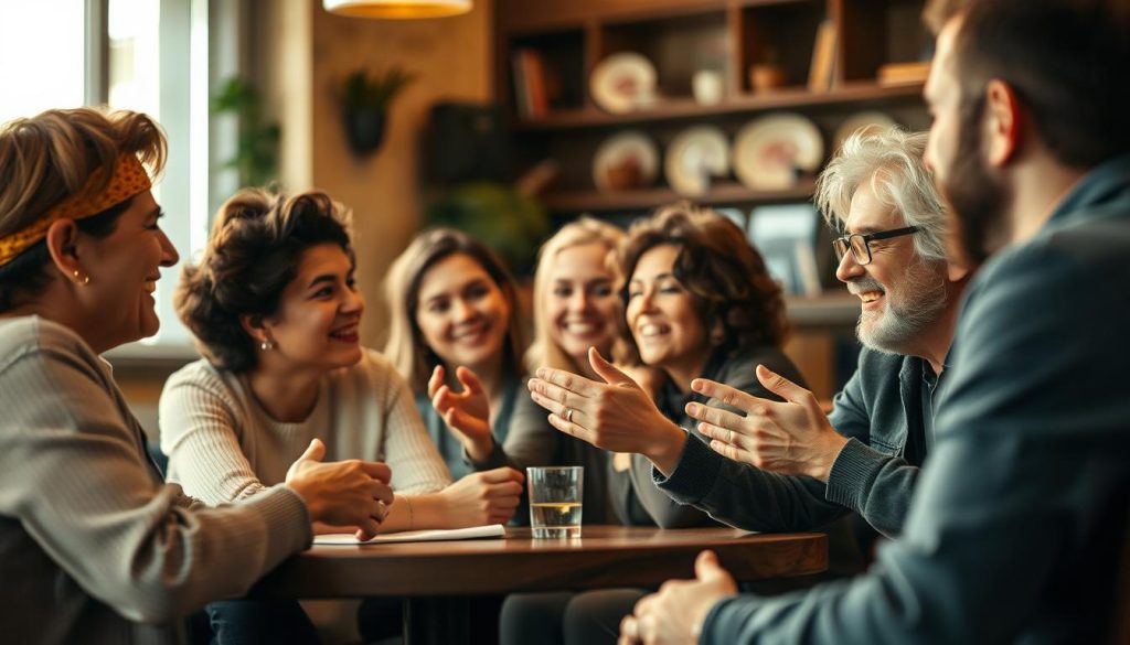 A diverse group of people engaged in lively conversation, fostering meaningful connections and building a sense of community. The foreground features a mix of ages, genders, and ethnicities, sitting together in a cozy, softly lit cafe setting. In the middle ground, body language and facial expressions convey a warm, inclusive atmosphere, with individuals listening intently and gesturing animatedly. The background blurs gently, evoking a sense of intimacy and focus on the interpersonal dynamics. Subtle lighting casts a golden glow, creating a welcoming and inviting ambiance that reflects the power of friendship to strengthen social bonds.
