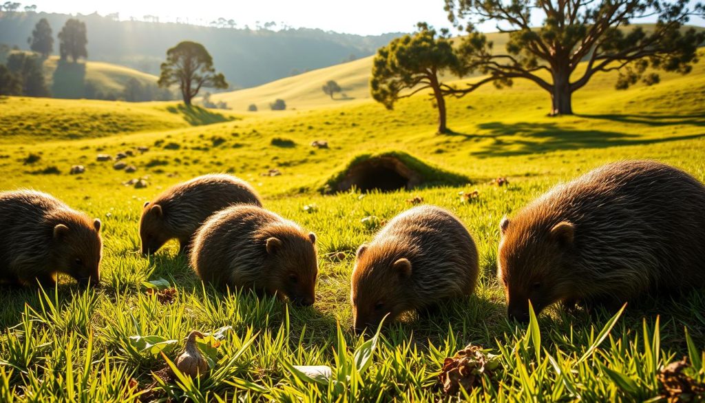 A lush, verdant meadow bathed in soft, golden sunlight. In the foreground, a group of wombats forages diligently, their stocky bodies and round, fluffy rumps on full display. Examine their diet closely - a mix of grasses, roots, and leafy greens, each item meticulously selected and consumed. In the middle ground, a burrow entrance can be seen, hinting at the subterranean world these marsupials call home. The background features rolling hills dotted with towering eucalyptus trees, creating a serene and tranquil atmosphere. Capture the essence of a wombat's daily sustenance, showcasing their efficient and systematic approach to feeding in their natural habitat.