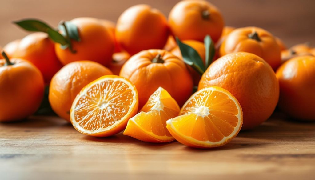 A pile of fresh, juicy mandarins resting on a wooden table, their vibrant orange hues glistening under natural light. The foreground showcases the close-up details of the fruit's delicate skin and plump segments, inviting the viewer to imagine the burst of sweet citrus flavor. In the middle ground, a few peeled wedges are arranged artfully, revealing their juicy, segmented interior. The background softly fades into a warm, neutral tone, creating a cozy, appetizing atmosphere. The overall scene evokes a sense of tactile freshness and the comforting, familiar aroma of mandarin oranges, perfectly capturing the essence of their culinary applications and delightful taste.