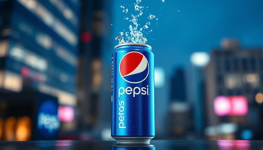 A refreshing and vibrant can of Pepsi fizzing with energy, capturing the essence of the new Pepsi formulation. The can is prominently displayed in the foreground, with a soft, glowing backlight illuminating its sleek design. The background features a blurred, out-of-focus cityscape, conveying a sense of urban sophistication. The overall composition creates a visually striking and appetizing image that invites the viewer to discover the revitalized taste of the new Pepsi.