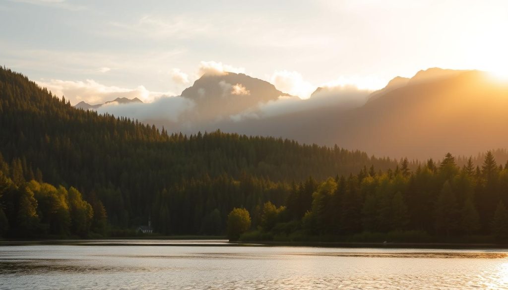 A scenic landscape showcasing the natural beauty of Poland's eco-tourism attractions. In the foreground, a tranquil lake surrounded by lush, verdant forests. Towering mountains rise in the middle-ground, their peaks shrouded in wispy clouds. In the background, a golden sunset casts a warm, serene glow over the entire scene. The lighting is soft and diffused, creating a serene, peaceful atmosphere. The camera angle is slightly elevated, capturing the grandeur and scale of the natural environment. The image conveys a sense of harmony between humans and nature, inviting the viewer to immerse themselves in the unspoiled, sustainable delights of Poland's eco-tourism.