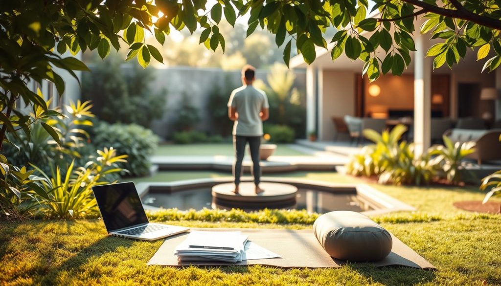 A serene balance of work and life, with a figure standing in a tranquil garden, surrounded by lush greenery and a calming water feature. Warm, diffused lighting filters through the leaves, casting gentle shadows. In the middle ground, a laptop and papers represent the professional realm, while a yoga mat and meditation cushion symbolize personal well-being. The background features a cozy, modern home, hinting at the harmony between career and personal life. The overall mood is one of inner peace, mindfulness, and a holistic approach to health and happiness.