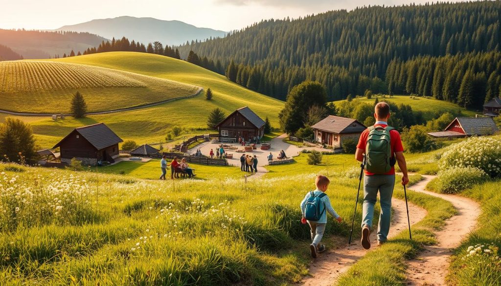 A serene countryside scene of a family exploring the lush, verdant landscapes of Poland's eco-tourism destinations. In the foreground, a young couple hike along a winding dirt path, their backpacks and hiking gear signifying a sustainable, immersive adventure. In the middle ground, local villagers gather in a small town square, engaged in traditional crafts and sharing a meal, showcasing the positive impact of eco-tourism on their community. In the background, rolling hills dotted with wildflowers and thick, ancient forests evoke a sense of tranquility and harmony between man and nature. The warm, golden natural lighting casts a welcoming glow, inviting the viewer to experience the beauty and cultural richness of Poland's eco-tourism.
