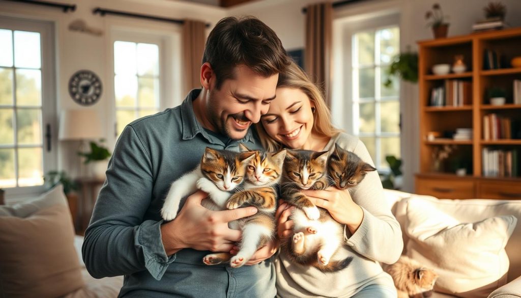 A serene, heartwarming scene of a loving couple embracing two rescued kittens in a cozy, sun-dappled living room. The pair, dressed in casual, comfortable attire, radiate joy and contentment as they gently cuddle the playful felines, who nuzzle against their new guardians. Soft, natural lighting filters through large windows, casting a warm, inviting glow across the intimate setting. The background features tasteful decor - plush furniture, bookshelves, and potted plants - creating a welcoming, domestic ambiance. The overall mood evokes the profound connection and fulfillment that comes with adopting these adorable, affectionate companions.