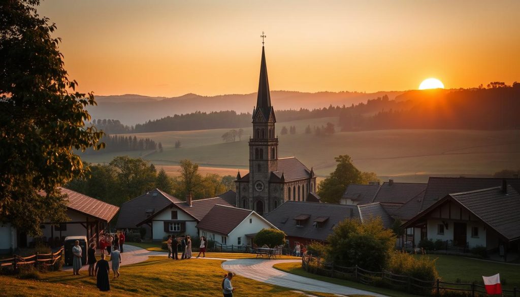 A serene landscape on August 15th in Poland, showcasing the significance of this day in the country's culture. In the foreground, a peaceful village scene with traditional Polish architecture and people dressed in colorful, regional attire, engaged in celebratory activities. The middle ground features a grand, historic church or cathedral, its steeple reaching towards the sky. In the background, rolling hills and a vibrant, golden-hued sunset, casting a warm, reverential glow over the entire scene. The lighting is soft and diffused, creating a tranquil, almost spiritual atmosphere. The overall composition evokes a sense of reverence, tradition, and the deep-rooted cultural importance of this day in Poland.