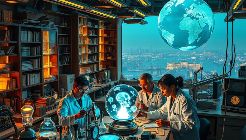 A sprawling scientific laboratory, filled with an array of curious instruments and glowing holographic displays. In the foreground, a team of researchers in white coats and safety goggles examines a complex experiment, their faces alight with fascination. The middle ground features towering bookshelves and a large, transparent globe, conveying a sense of discovery and intellectual pursuit. The background depicts a panoramic view of a futuristic cityscape, hinting at the broader implications and applications of these scientific advancements. Warm, directional lighting illuminates the scene, casting dramatic shadows and a sense of wonder. The overall atmosphere is one of excitement, innovation, and the thrill of uncovering the unknown.