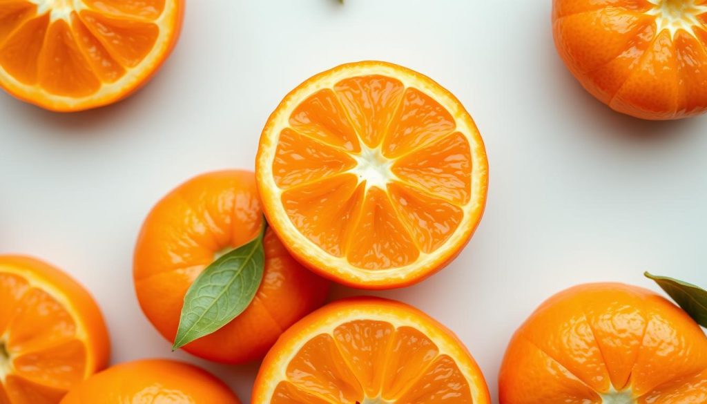 A vibrant close-up of fresh, juicy mandarins arranged in an appealing still life composition. The mandarins are shown with their characteristic bright orange peel, segmented sections, and glossy skin. The lighting is soft and diffused, highlighting the fruit's natural glow and creating delicate shadows. The mandarins are placed on a clean, neutral-colored surface, allowing their vivid color to stand out. The composition is balanced and visually striking, showcasing the nutritional value and appealing properties of this citrus fruit.