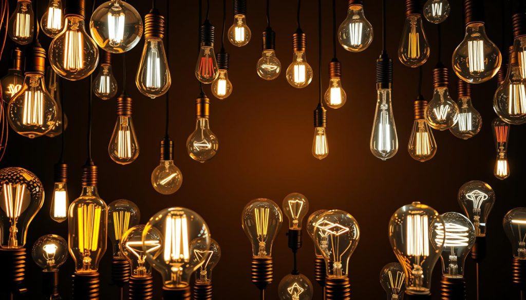 A vibrant display of illuminated light bulbs, arranged in a captivating and artistic manner. The foreground features a diverse collection of vintage, industrial, and contemporary bulb designs, each emanating a warm, glowing radiance. The middle ground showcases the bulbs strategically positioned to create intricate patterns and shapes, hinting at the creative potential of this everyday object. The background offers a minimalist, monochromatic setting, allowing the luminous bulbs to take center stage and captivate the viewer. The lighting is soft and diffused, creating a sense of tranquility and wonder, inviting the observer to appreciate the beauty and history embedded within the humble light bulb.