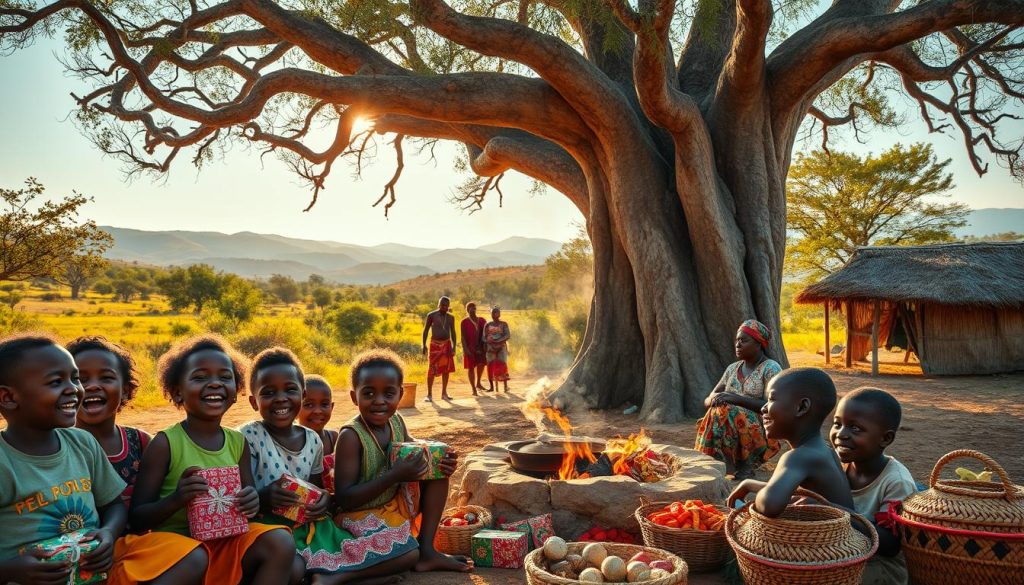 A vibrant outdoor scene in a rural African village, bathed in warm, golden sunlight. In the foreground, a group of children excitedly unwrap colorful hand-crafted gifts under a towering baobab tree, their laughter and joy palpable. In the middle ground, villagers gather around a central fire, cooking traditional holiday dishes and sharing stories. The background showcases the lush, verdant landscape, with distant rolling hills and a clear, azure sky. Subtle details like woven baskets, decorative masks, and handmade ornaments accentuate the cultural richness of the setting. An atmosphere of community, tradition, and celebration permeates the scene.