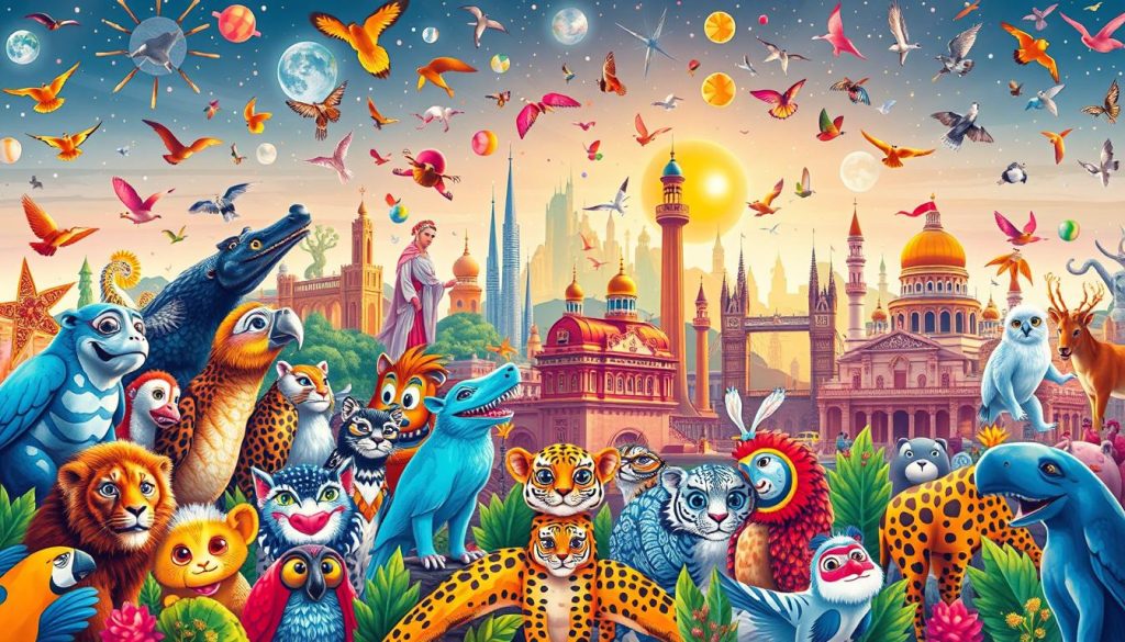 A vibrant, visually striking illustration of "Fascinating Facts About the World" for a children's article. In the foreground, a diverse array of captivating animals, each showcasing a unique, eye-catching trait or behavior. The middle ground features a collage of iconic landmarks, natural wonders, and cultural elements from around the globe, inviting exploration. The background is filled with a kaleidoscope of colors, patterns, and subtle details that create a sense of wonder and discovery. The lighting is warm and inviting, evoking a sense of excitement and curiosity. The overall composition is dynamic, balanced, and designed to capture the imagination of young readers.